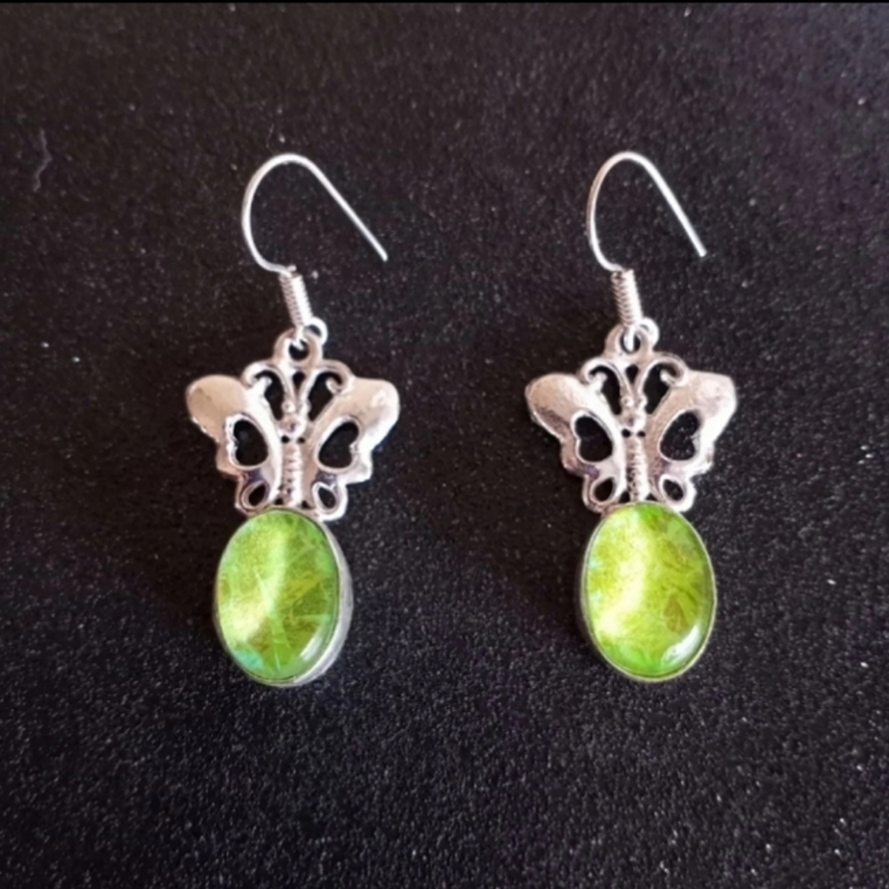 Sterling silver green triplet opal butterfly dangle earrings new